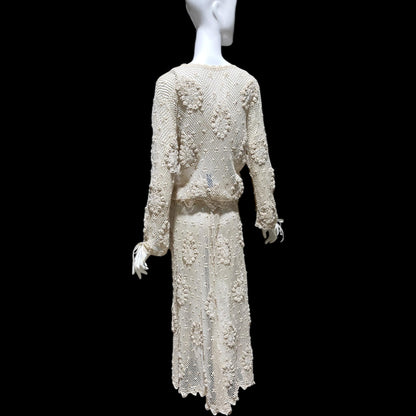 1970s vintage crochet dress, 2 pieces, Cotton blouson top & maxi skirt