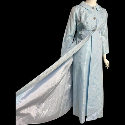 1960s Vintage evening gown and opera coat ensemble, baby blue damask custom mod column dress and duster set
