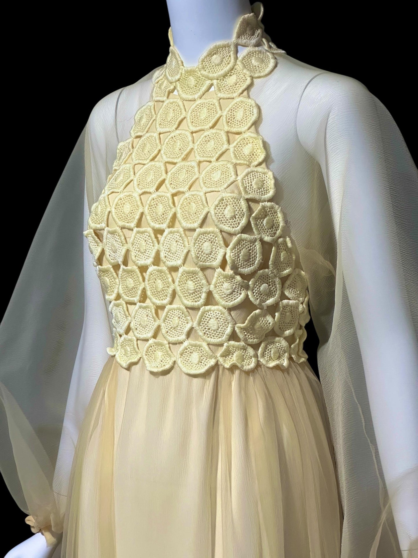 CYRELD PARIS, vintage 1970s chiffon evening dress, WERLE Beverly Hills, pale yellow sheer bishop sleeve dress