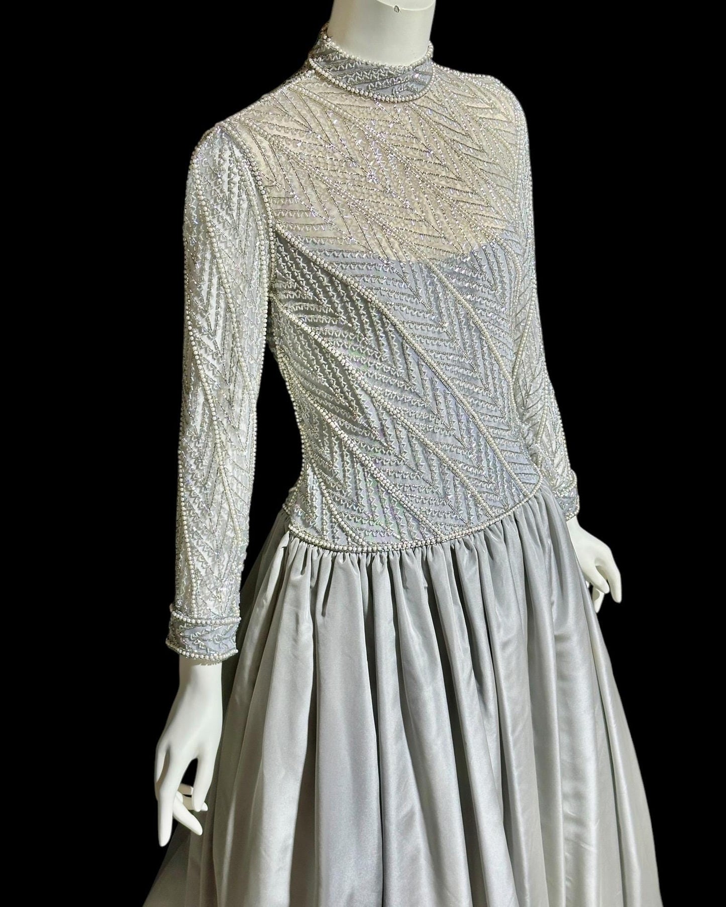 BOB MACKIE, vintage 1980s evening dress ball gown, Silver grey heavily beaded taffeta gown, Long sleeve high neck