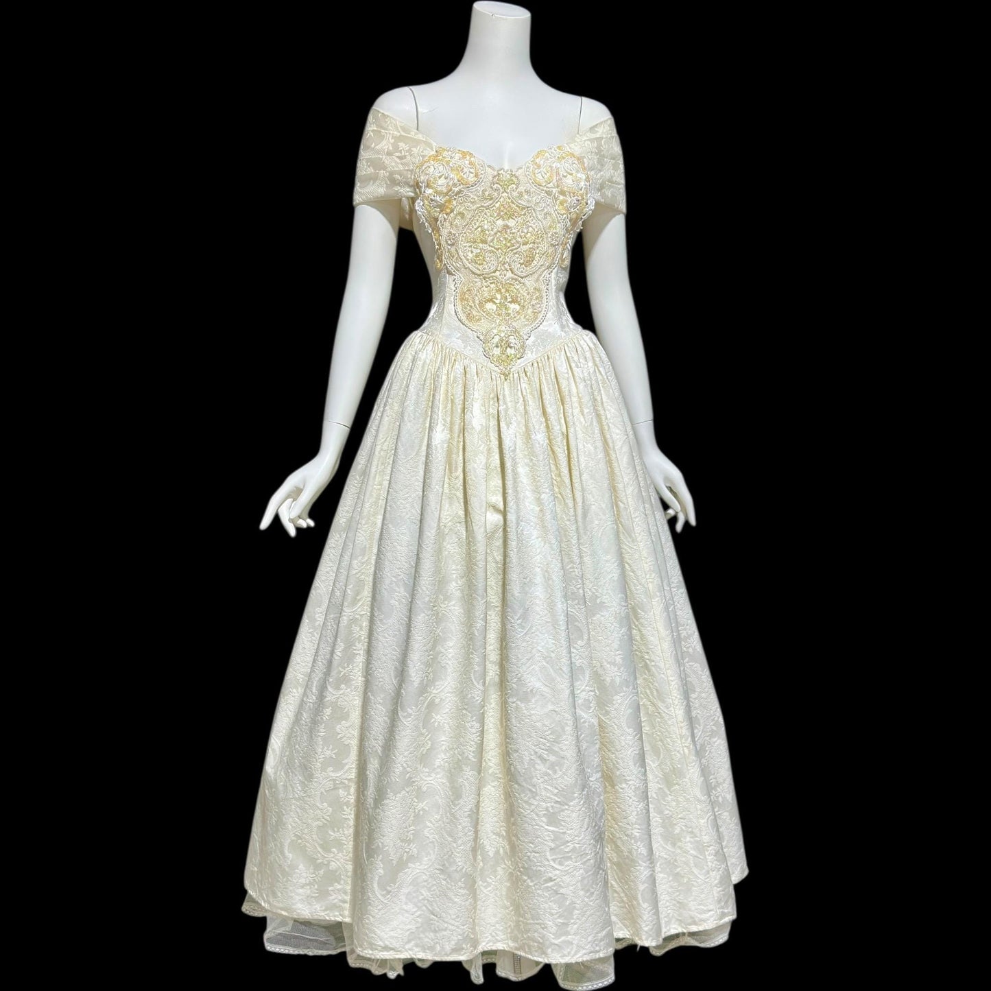 JESSICA MCCLINTOCK, vintage 1980s evening wedding dress, creamy white damask off shoulder gown