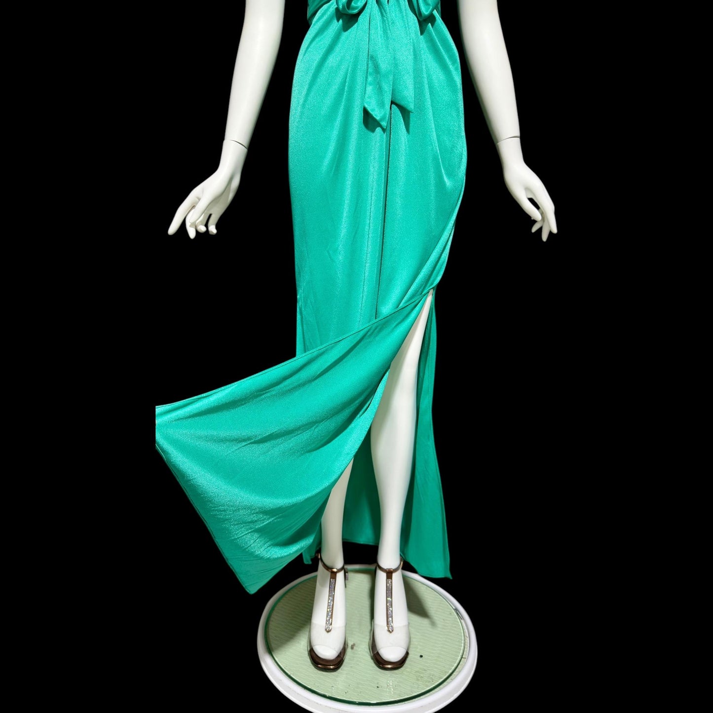 ESTEVEZ evening dress, vintage 1970s teal green jersey knit gown, Studio 54 cocktail disco party dress