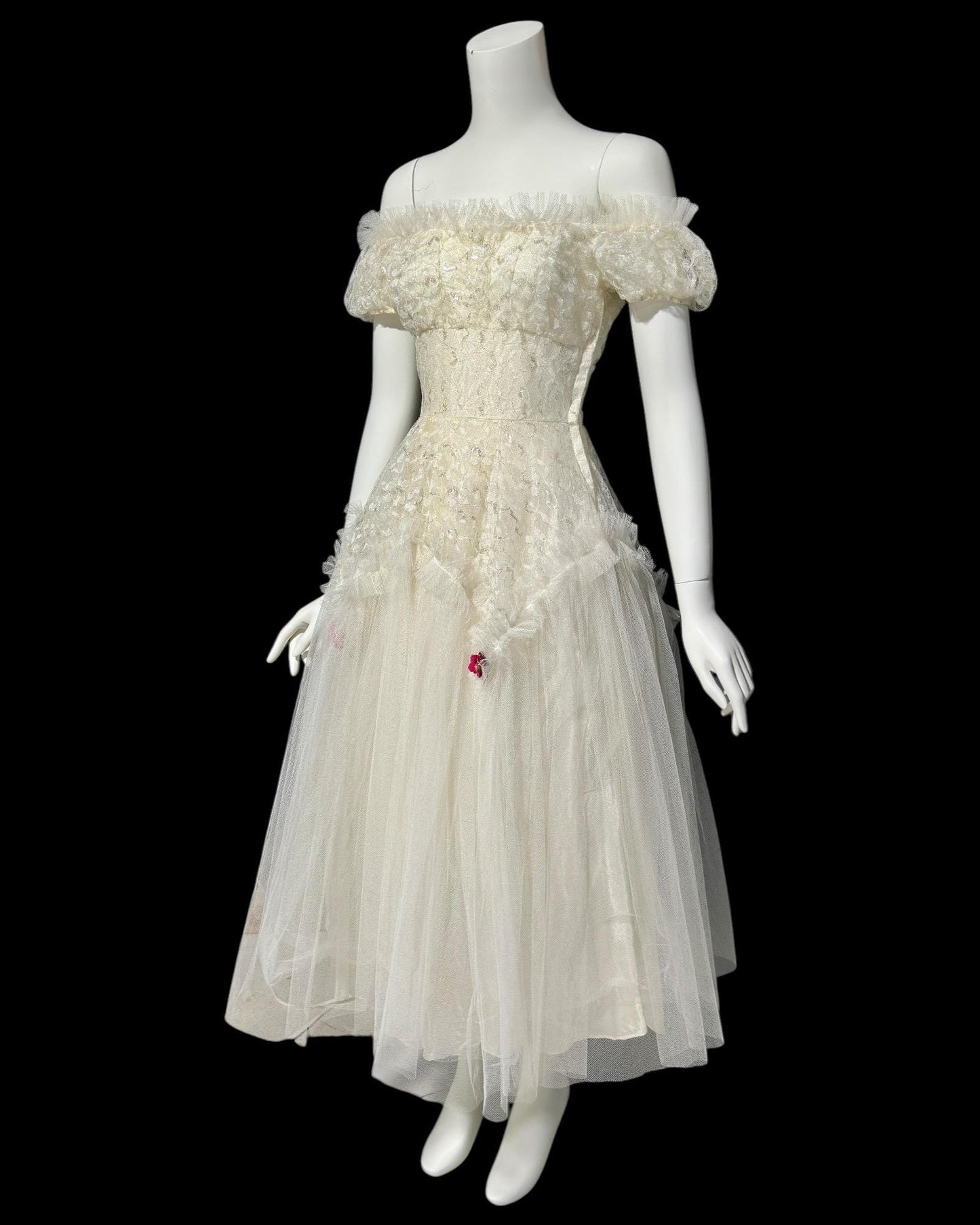 1950s vintage white prom dress, tea length net tulle cupcake evening gown, off the shoulder ball gown