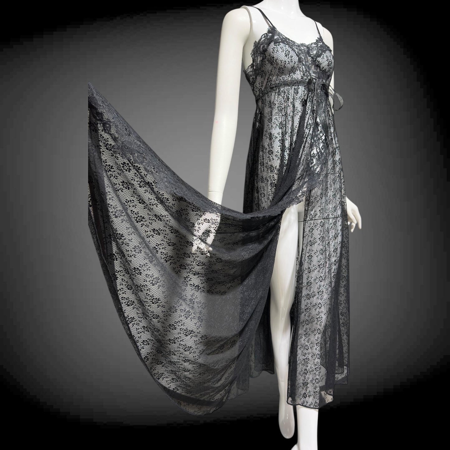 GLYDON'S vintage nightgown slip dress, Hollywood 1960s sheer black lace full length lingerie dress