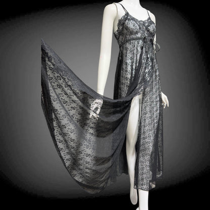 GLYDON'S vintage nightgown slip dress, Hollywood 1960s sheer black lace full length lingerie dress