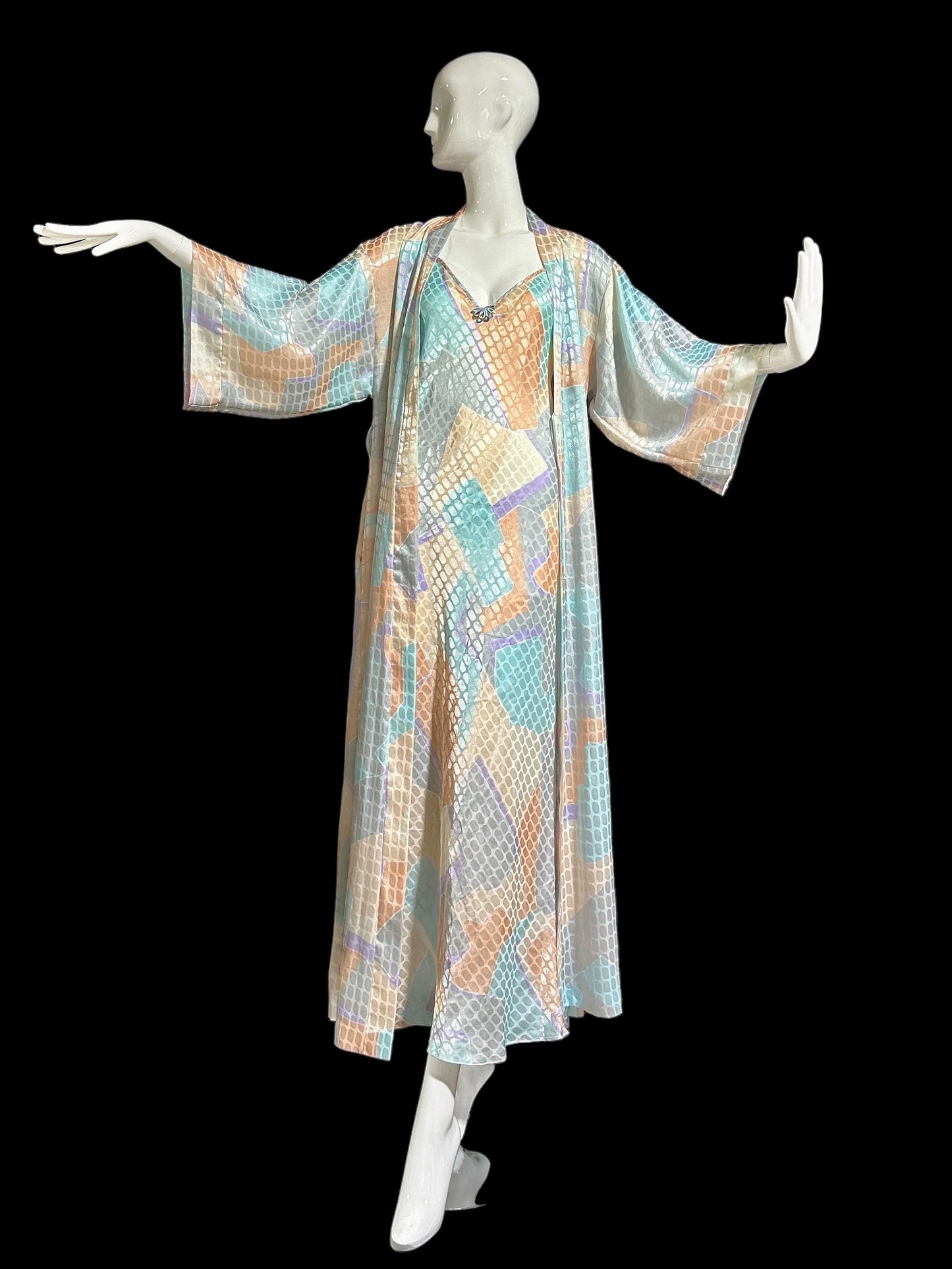 GEORGETTE TRABOLSI vintage 1980s nightgown robe peignoir set, pastel abstract slip dress and dressing robe set