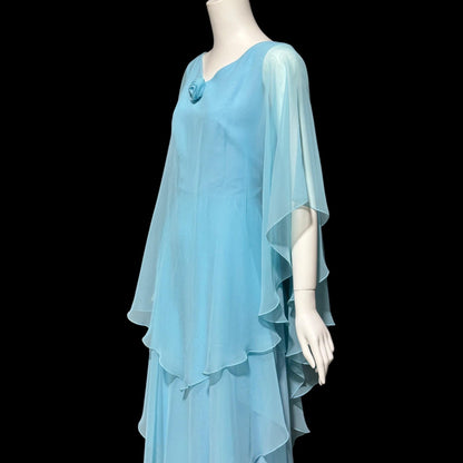 1960s vintage evening dress, turquoise blue poly chiffon scarf cape dress gown
