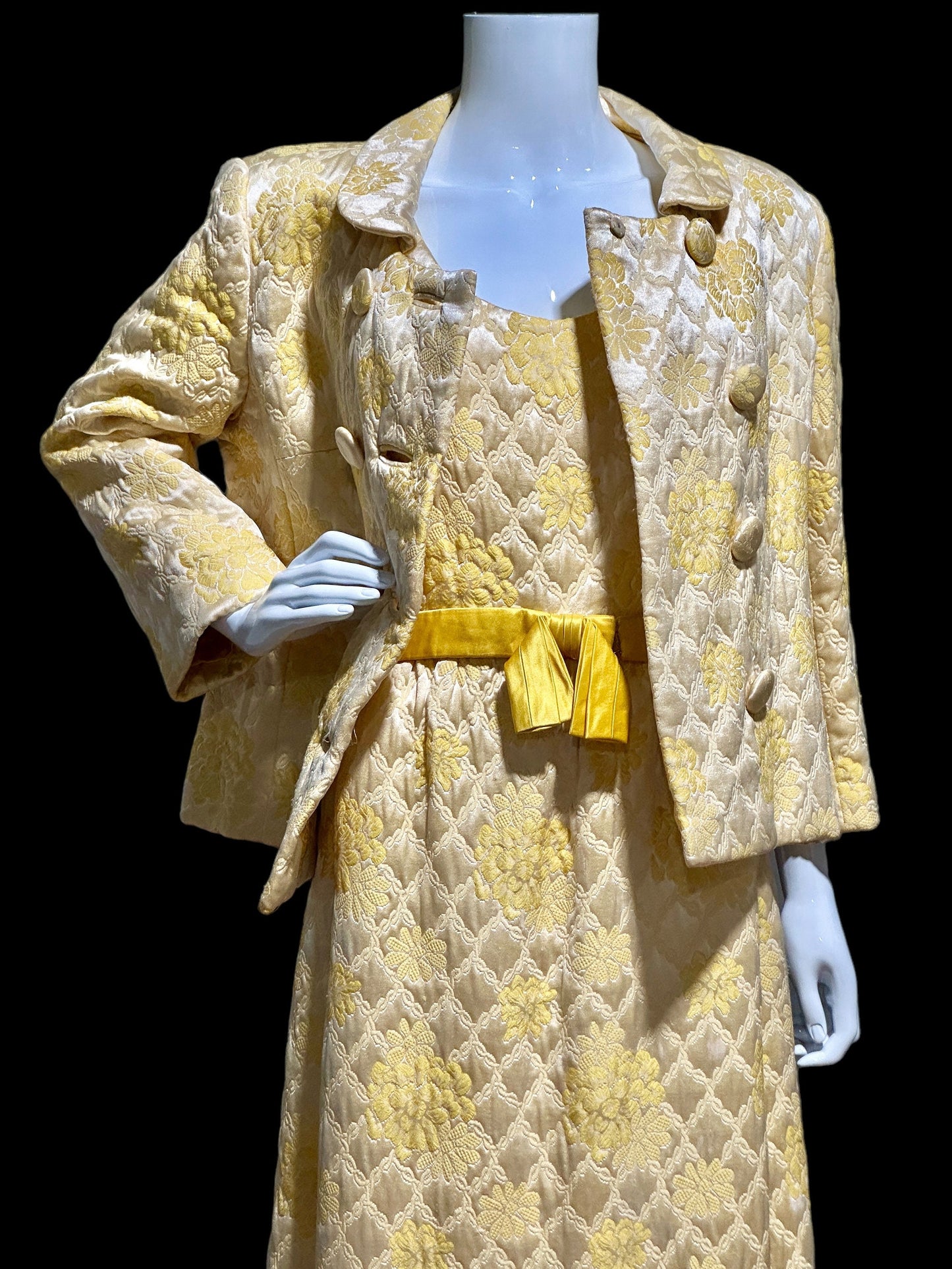 MOLLIE PARNIS Nan Duskin 1960s vintage evening dress, gold floral silk damask 2 pc gown and matching coat ensemble