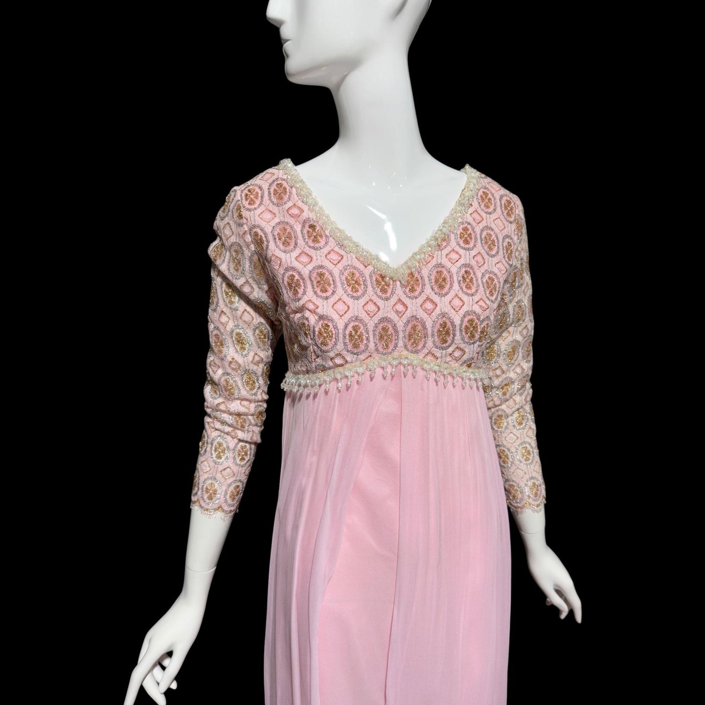 1960s Vintage evening dress, pink Bridgerton silk chiffon empire waist beaded lace formal scarf gown