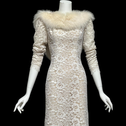PAT RICHARDS Michael Maiello, vintage 1980s evening dress, white lace & fox collar dynasty glam gown