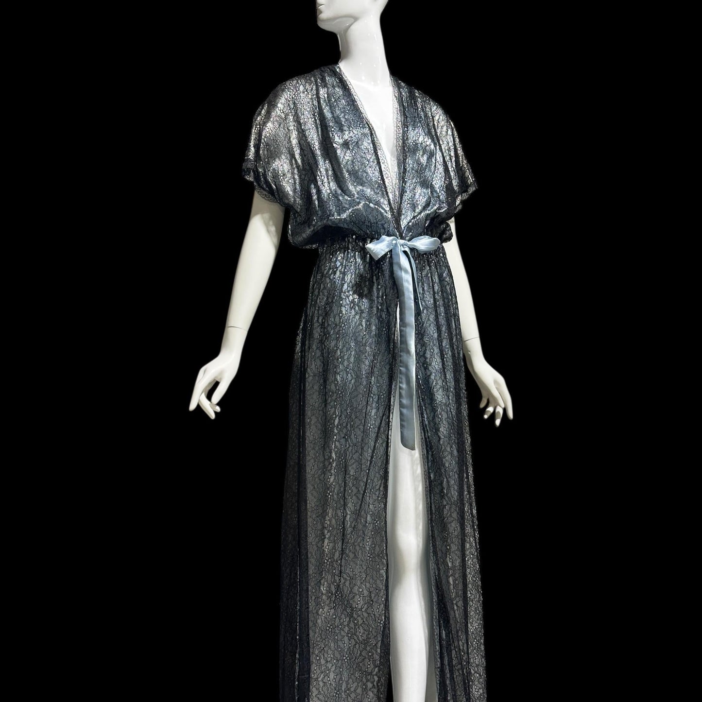 JUVENTA vintage 1930s dressing gown robe, sheer black lace with blue satin peignoir housecoat, Made in France