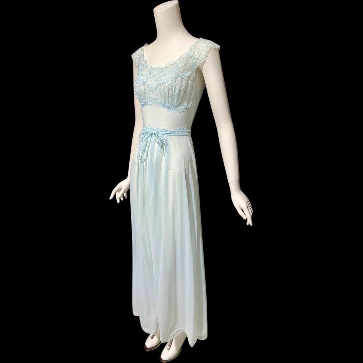 VANITY FAIR, vintage 1950s Nightgown Slip Dress, Sheer Powder Blue Nylon Lace House Dress