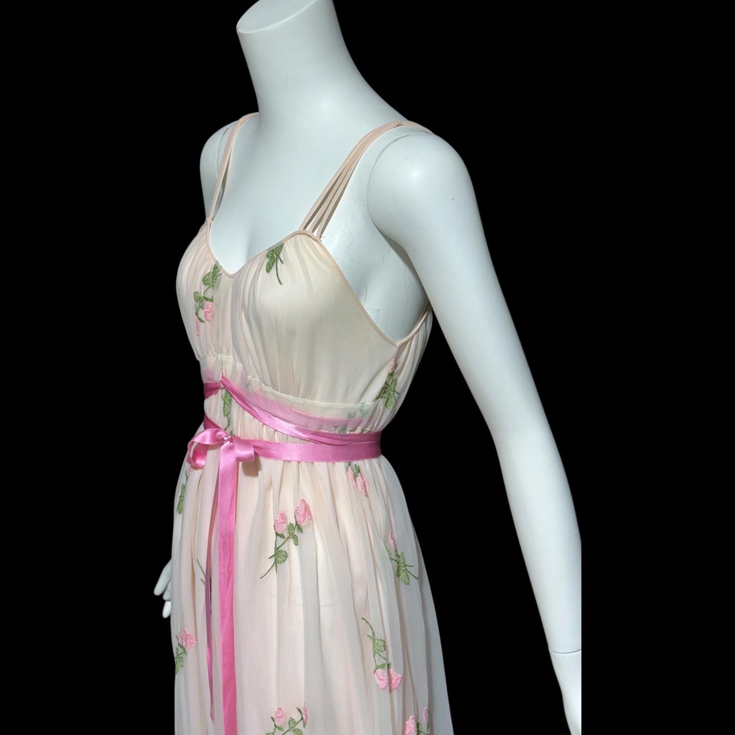 1950s Vintage nightgown slip dress, pink embroidered scattered rosebuds