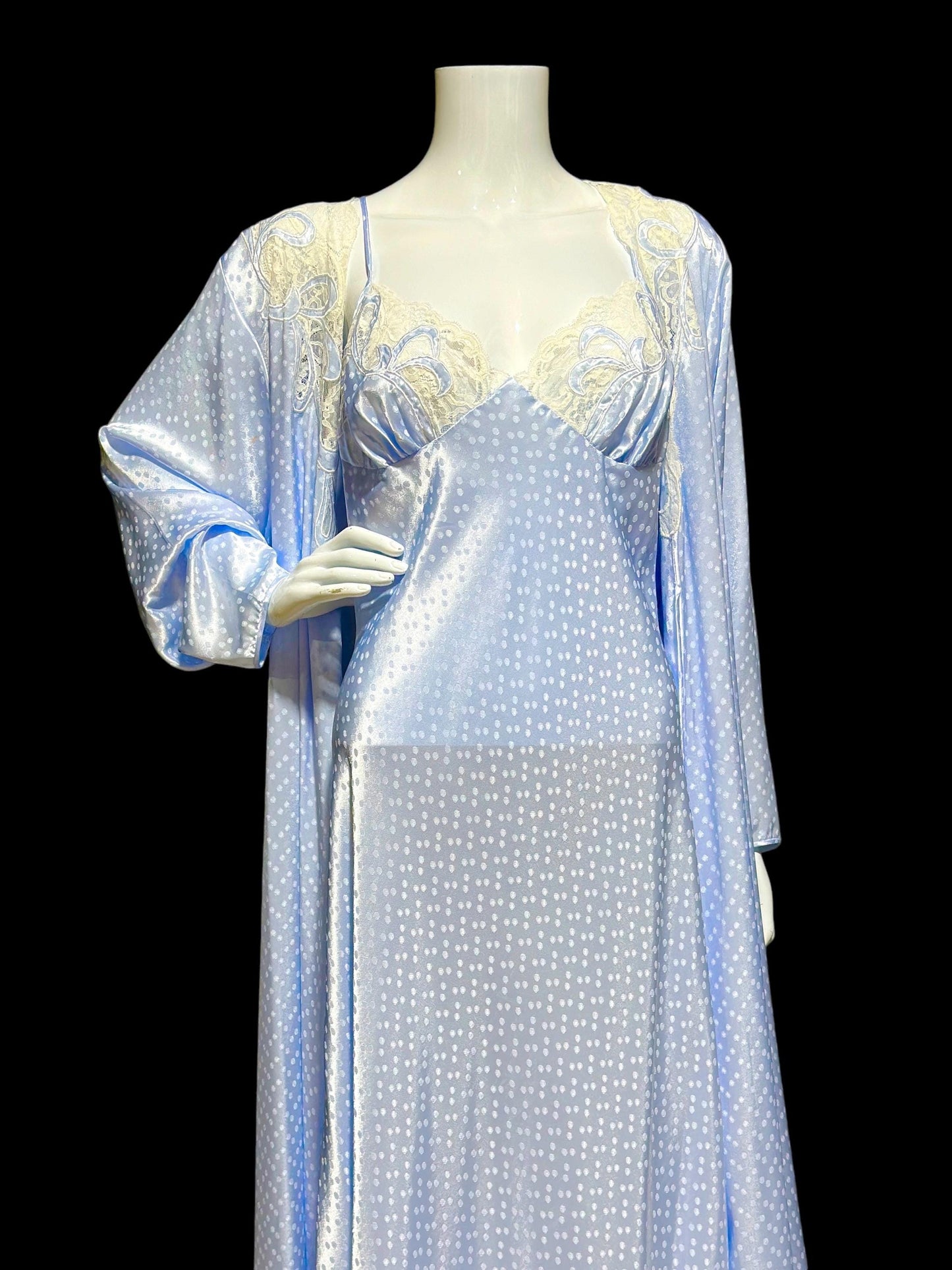 NATORI for SAKS 5th Ave, Nightgown robe set, shiny icy blue sheath slip gown and peignoir set