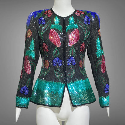1980s vintage Evening jacket, vibrant jewel tone beaded and sequins princess cut elegant cocktail party jacket blouse top
