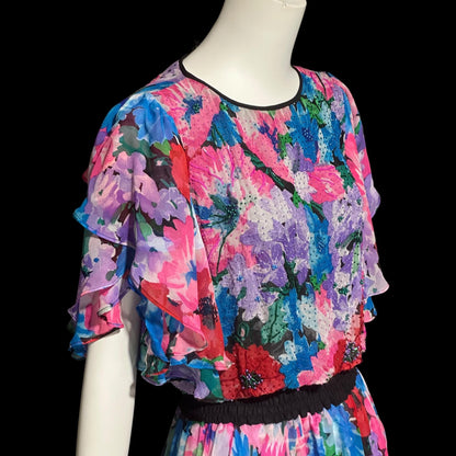 DIANE FREIS vintage 1980s silk dress, Neiman Marcus floral gypsy dress, flutter sleeves high low ruffle cocktail dress