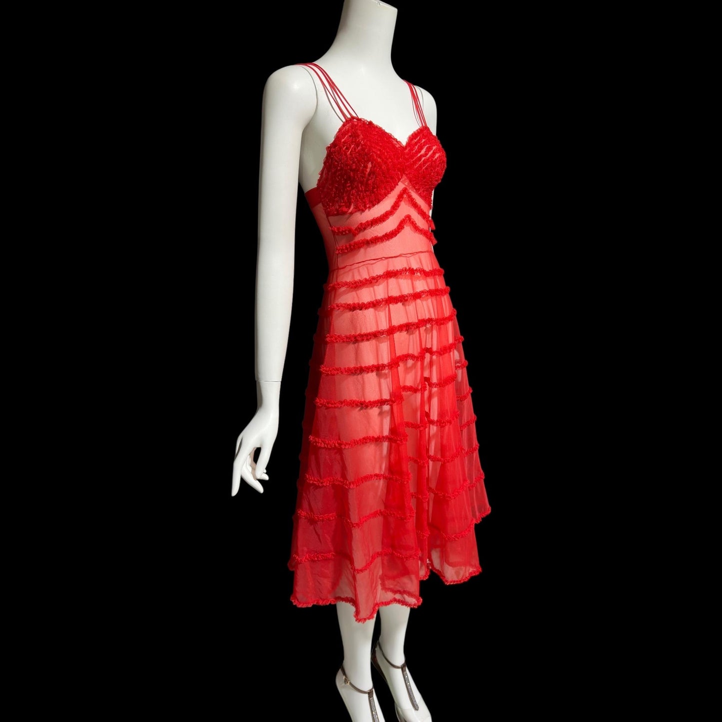 1950s vintage nightgown slip dress, sheer nylon lipstick red ruffled twirling night dress