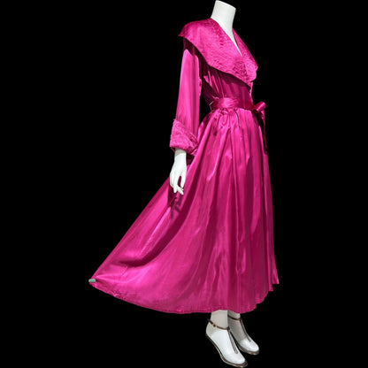 GLORIA NEW YORK, vintage 1940s dressing gown robe, Magenta slipper satin huge collar wrap front housecoat