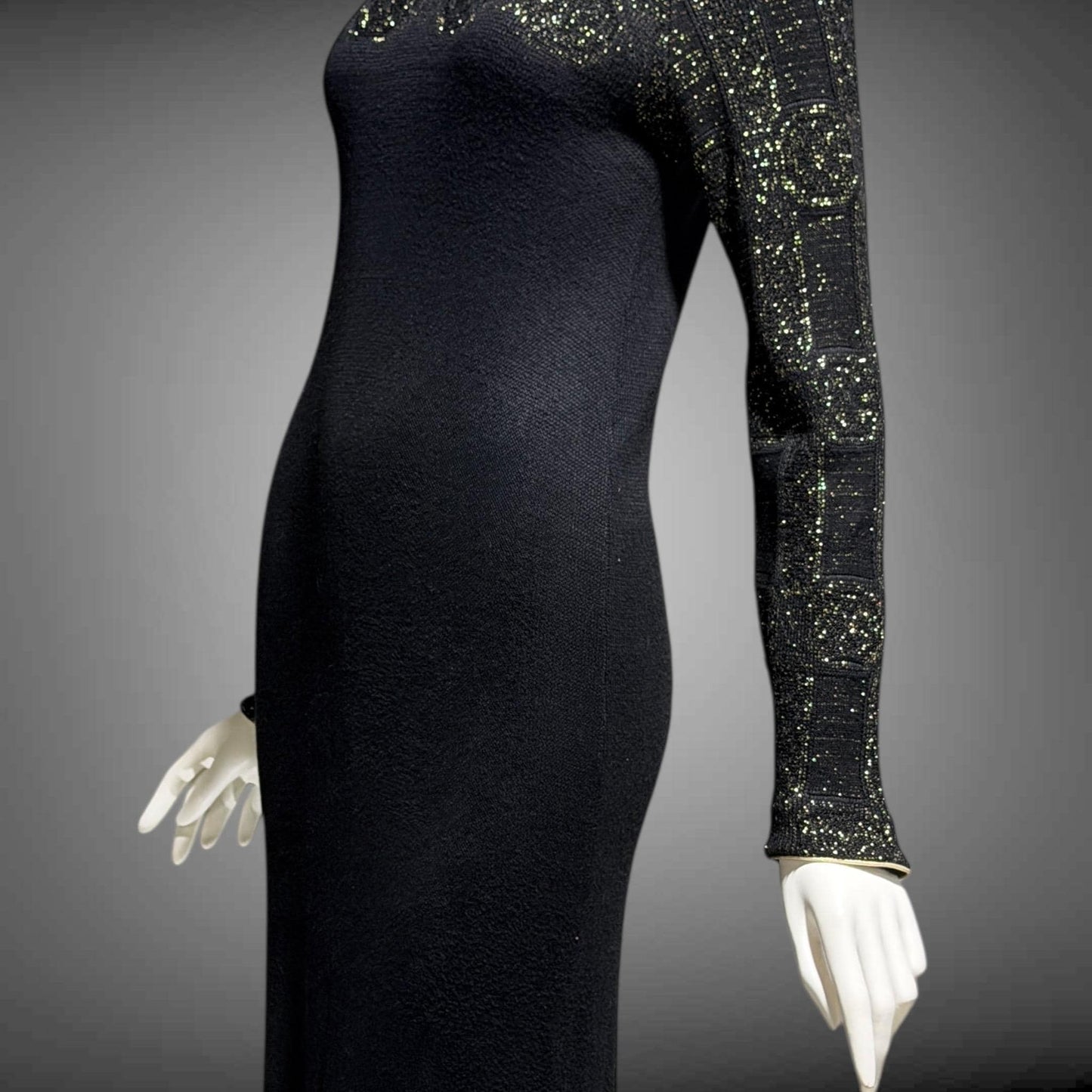 MARY MCFADDEN vintage 1970s knit cocktail dress, Black Gold Long Sleeve Office Party dress
