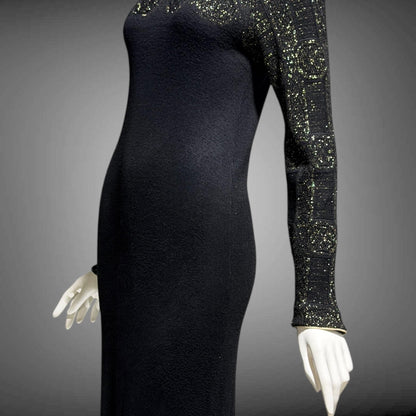 MARY MCFADDEN vintage 1970s knit cocktail dress, Black Gold Long Sleeve Office Party dress