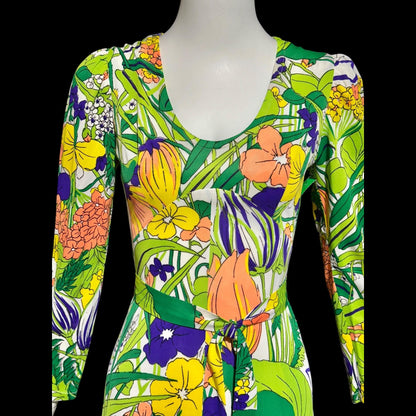 THE COMPANY, vintage 1970s maxi dress, slinky psychedelic floral print dress, long sleeve op art garden party day dress