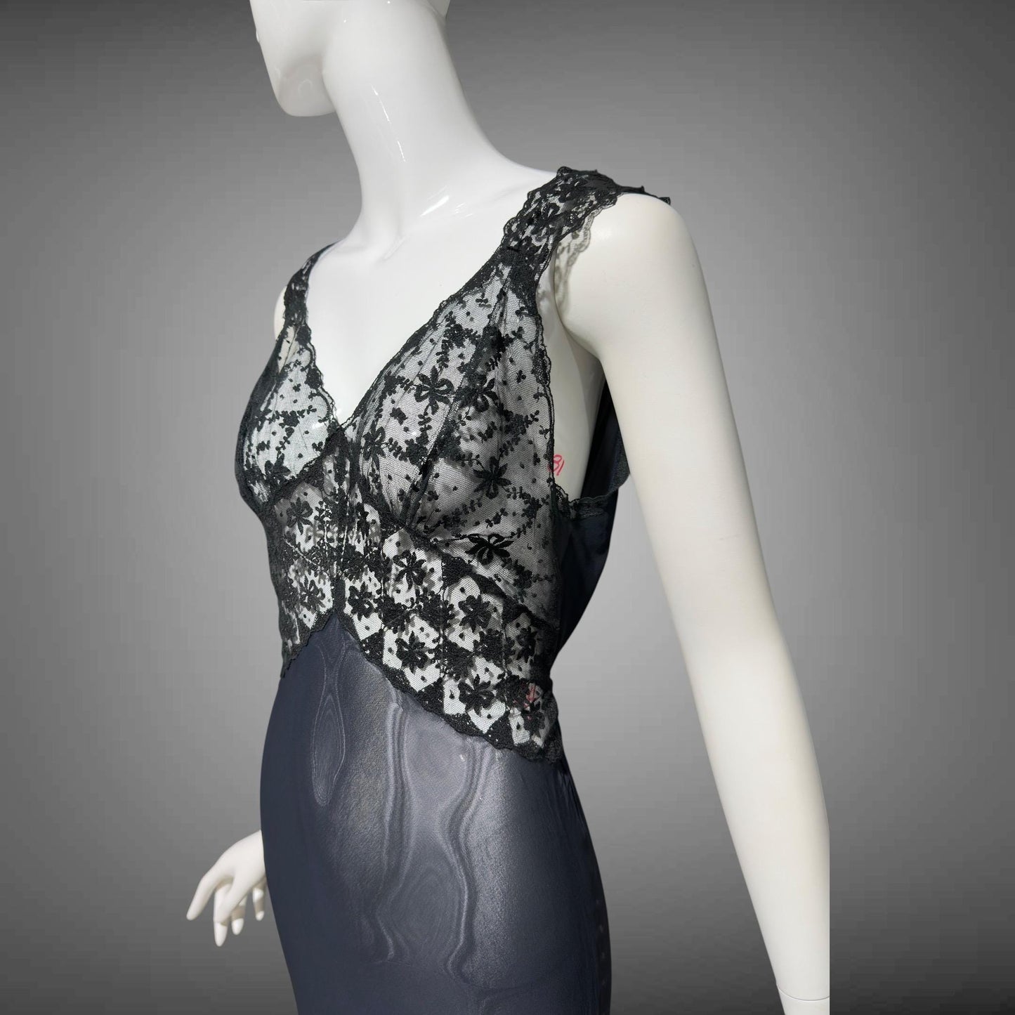 LADY DUFF, vintage 1930s Nightgown slip dress, sheer sultry black night dress, bias cut with lace