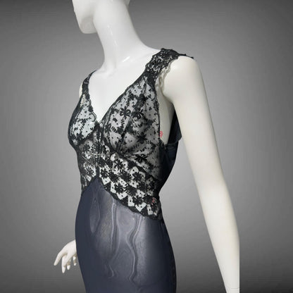 LADY DUFF, vintage 1930s Nightgown slip dress, sheer sultry black night dress, bias cut with lace