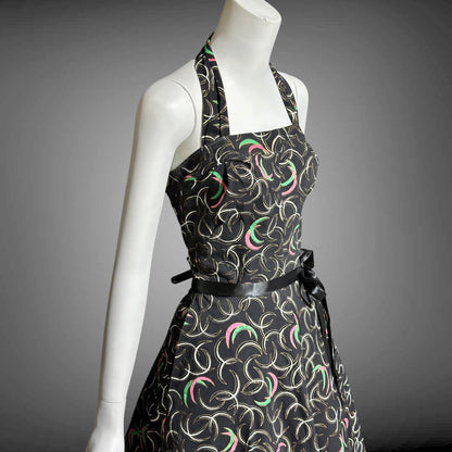 1950s vintage day dress, Shelf bust Halter Sundress, Black and pink cotton pinup dress
