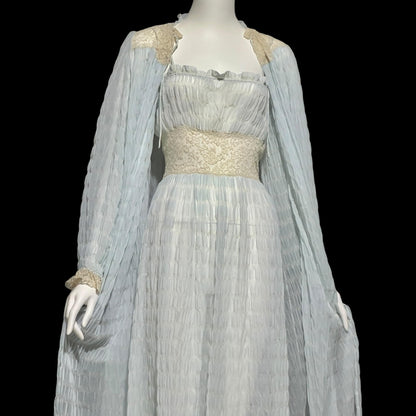 By IRIS, vintage 1930s Nightgown robe set, ethereal blue and white sheer waffled nylon slip dress and dressing gown, peignoir set