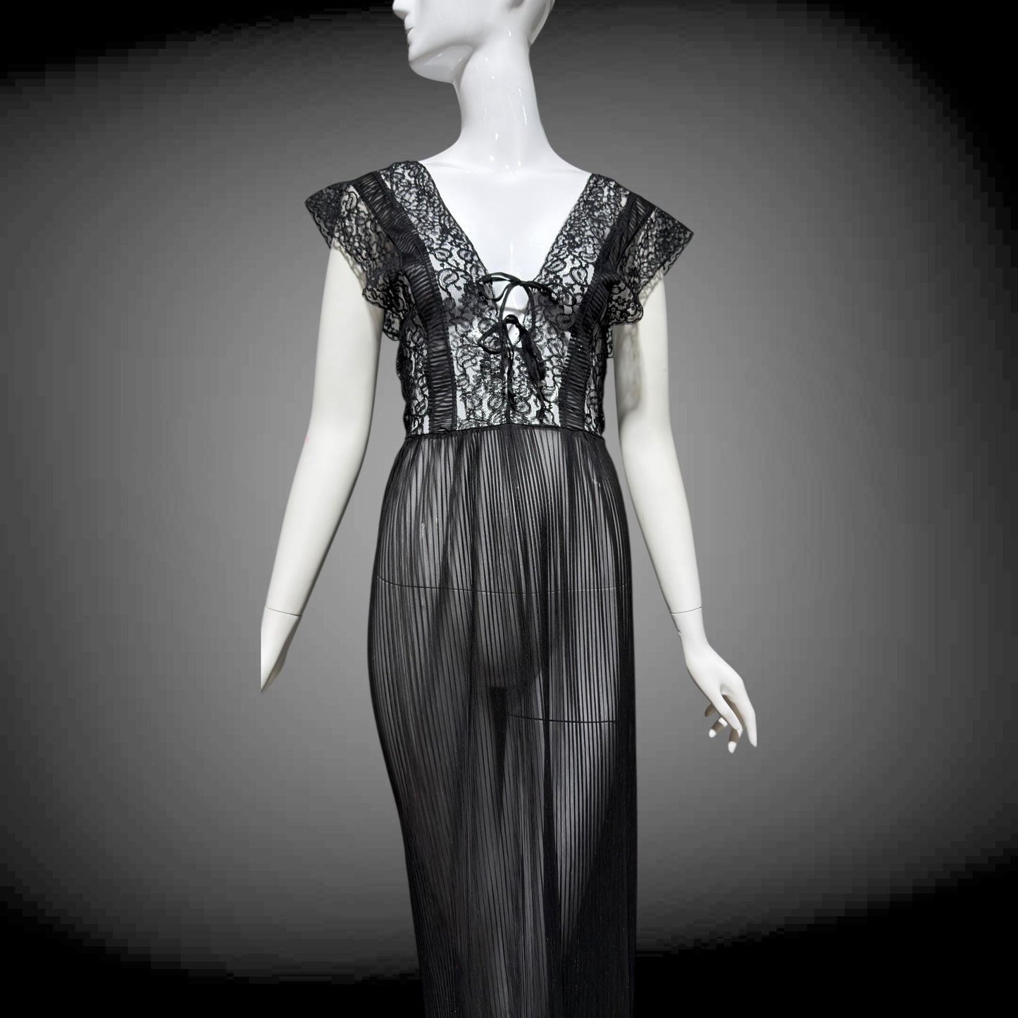 MYRA JOY Vintage 1950s Nightgown Lingerie Dress: Sheer Black Nylon Lace Slip Dress