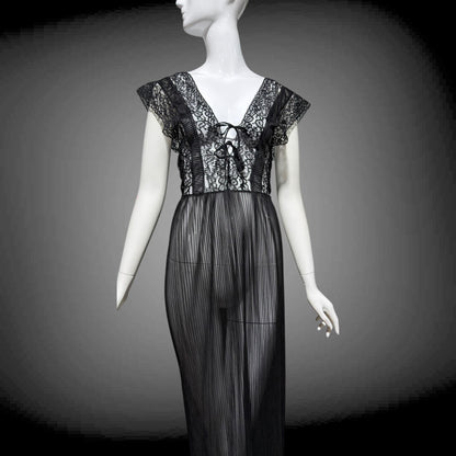 MYRA JOY Vintage 1950s Nightgown Lingerie Dress: Sheer Black Nylon Lace Slip Dress