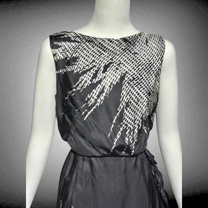 HELENA BARBIERI, vintage 1950s cocktail dress, Black and white silk wiggle dinner dress