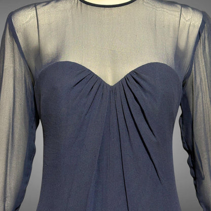 JEAN-LOUIS SCHERRER, vintage 1980s evening cocktail dress, navy blue sheer silk dress