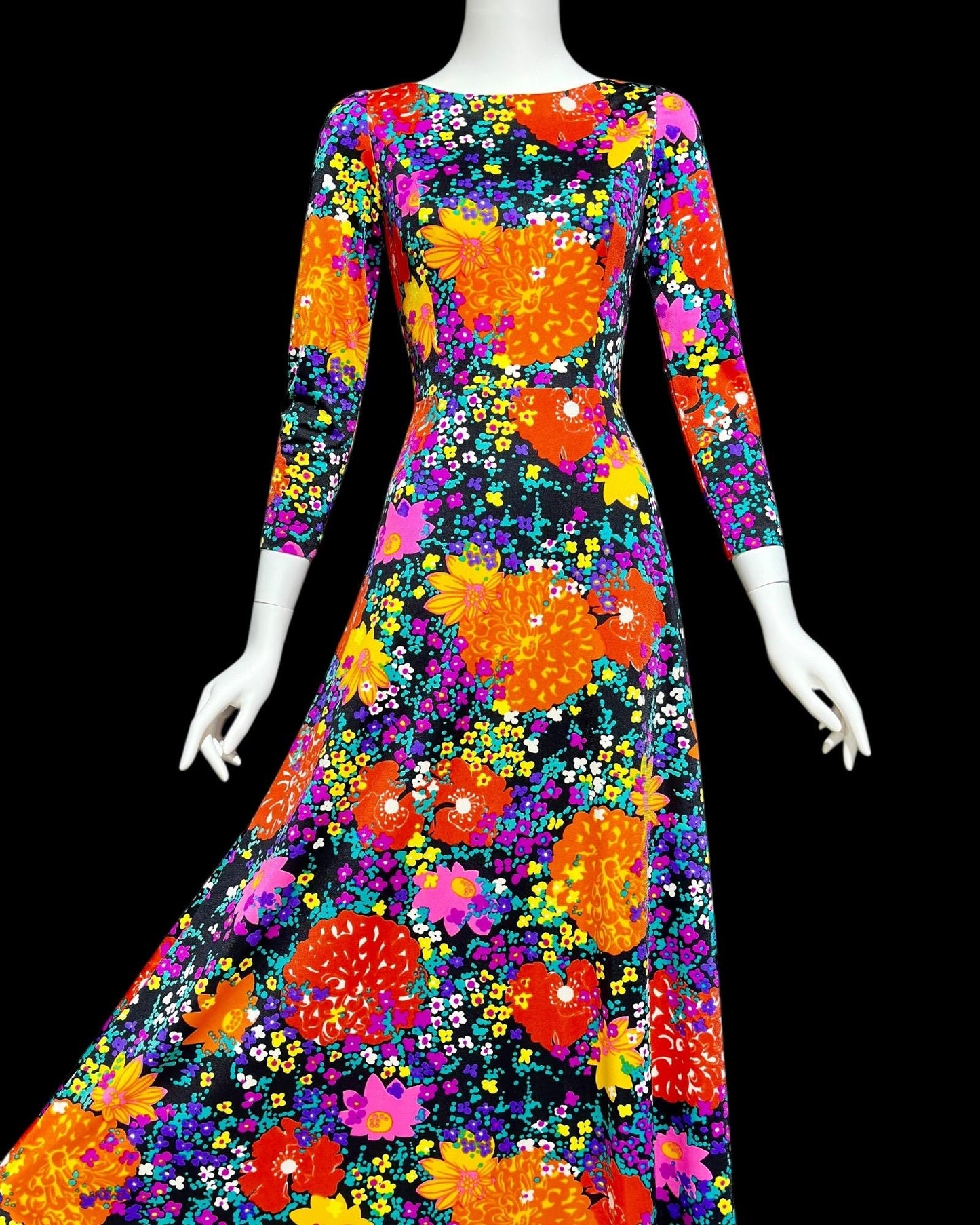 MARVELLA SCREEN PRINT, vintage 1960s neon floral maxi dress, Bold floral psychedelic dress with long sleeves