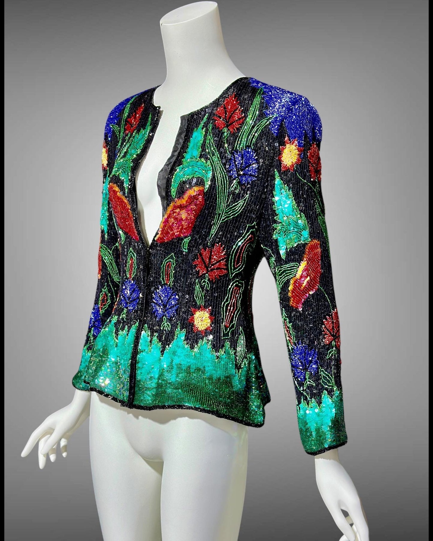 1980s vintage Evening jacket, vibrant jewel tone sequins princess cut elegant cocktail party jacket blouse top