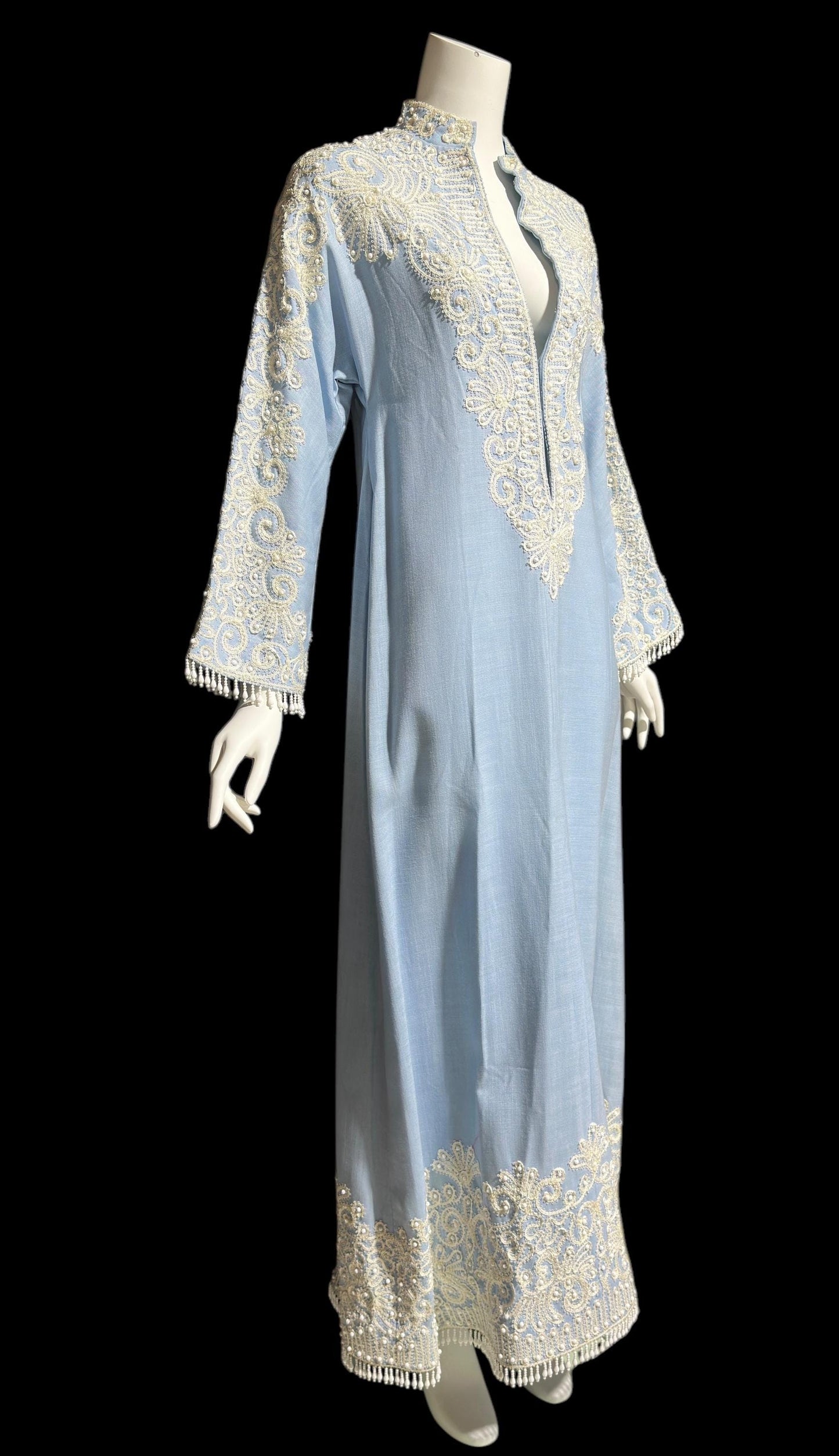 REBECCA vintage linen caftan evening dress, BONWIT TELLER 1960s heavily beaded soutache blue cruise cocktail gown