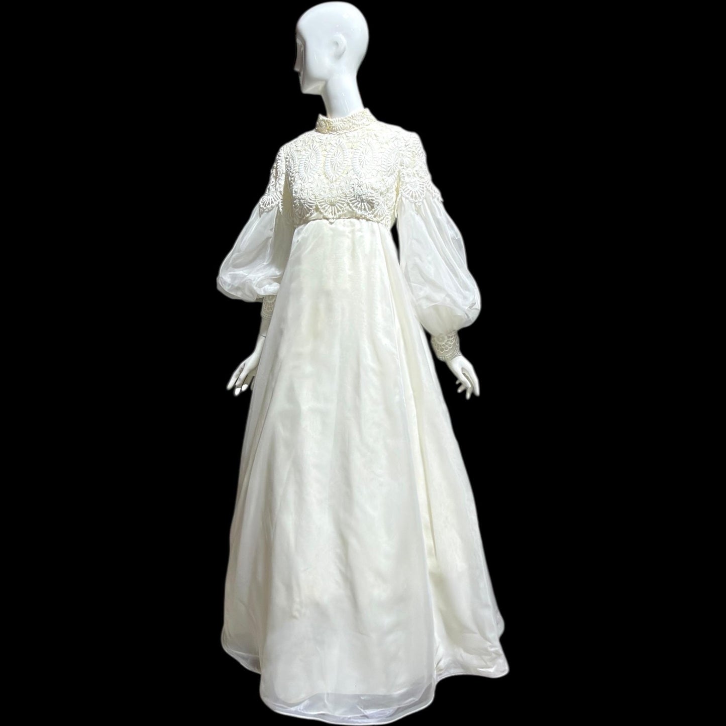 EMMA DOMB vintage wedding dress gown, 1960s white Queen Anne High Neck Juliet Puffed Sleeve Romantic Bride