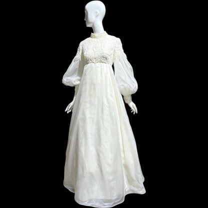 EMMA DOMB vintage wedding dress gown, 1960s white Queen Anne High Neck Juliet Puffed Sleeve Romantic Bride