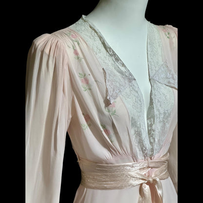 B. ALTMAN, vintage 1940s dressing gown, pink floral and lace sheer house coat robe