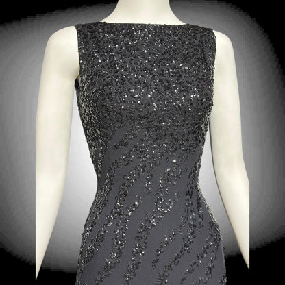 FRANK STARR Vintage 1960s evening gown dress, Lord & Taylor, black sequin sheath evening gown