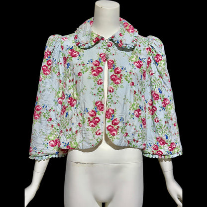 1930s vintage quilted bed jacket, blue satin with rose print short night robe