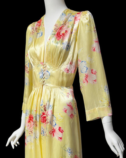 RADCLIFFE vintage 1940s satin dressing gown, yellow and pink floral satin button front housecoat