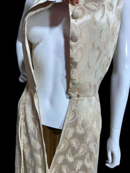 B. COHEN vintage 1940s silk dressing evening gown, house dress, ivory gold metallic feather button front