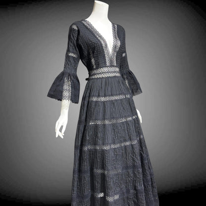 1970s vintage Mexican Wedding dress, Black cotton blend Deep V ball gown, long bell Sleeves, Maxi Hippie Bohemian gown