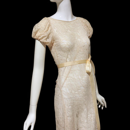 FRANKLIN SIMON vintage 1930s evening dress, totally sheer blush lace, bias cut see through feather weight sheath gown