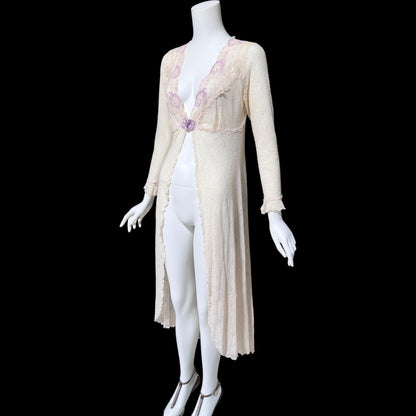 CLAIRE PETTIBONE, wedding coat robe, sheer nylon lace high low dressing gown