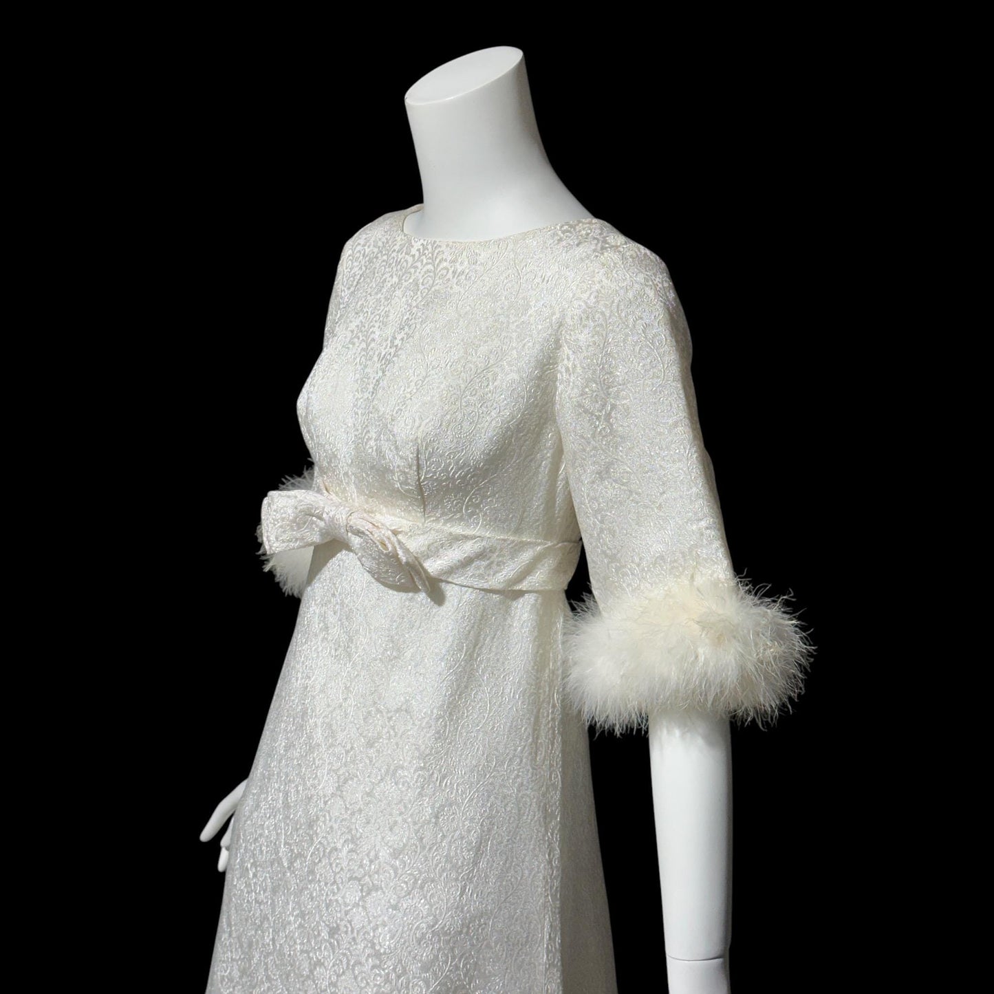 1960s vintage wedding dress gown, shimmering pearly white damask & marabou feathers bridal evening dress