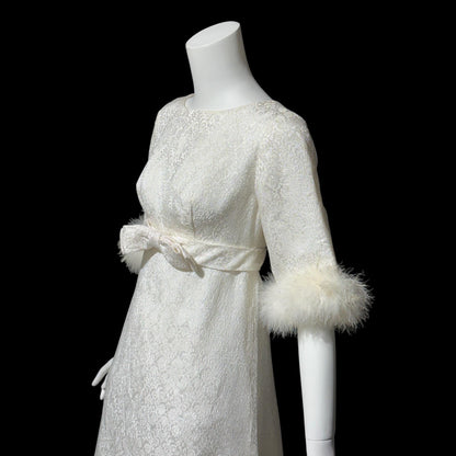 1960s vintage wedding dress gown, shimmering pearly white damask & marabou feathers bridal evening dress