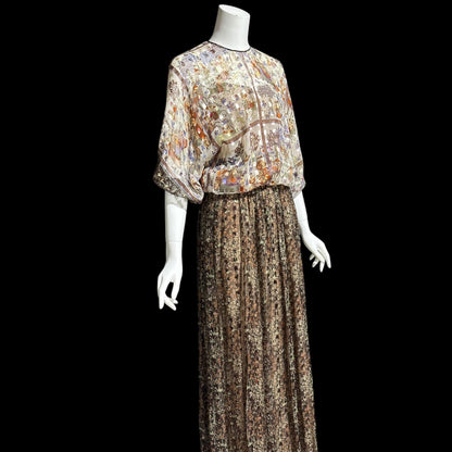 MOLLIE PARNIS, vintage 1970s evening dress, brown silk blouson formal gown