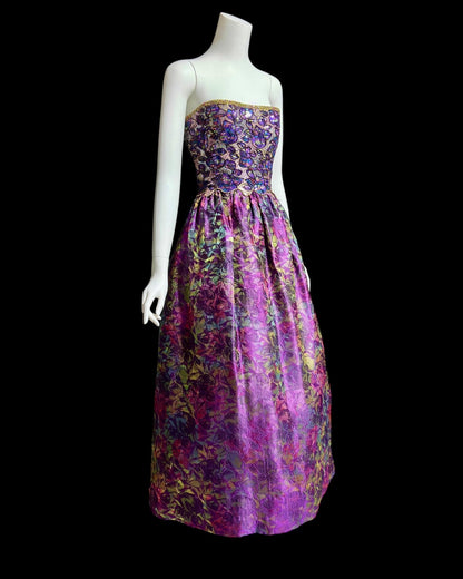 MARY MCFADDEN COUTURE, vintage 1980s evening dress, Saks Fifth Avenue Purple beaded floral ball gown